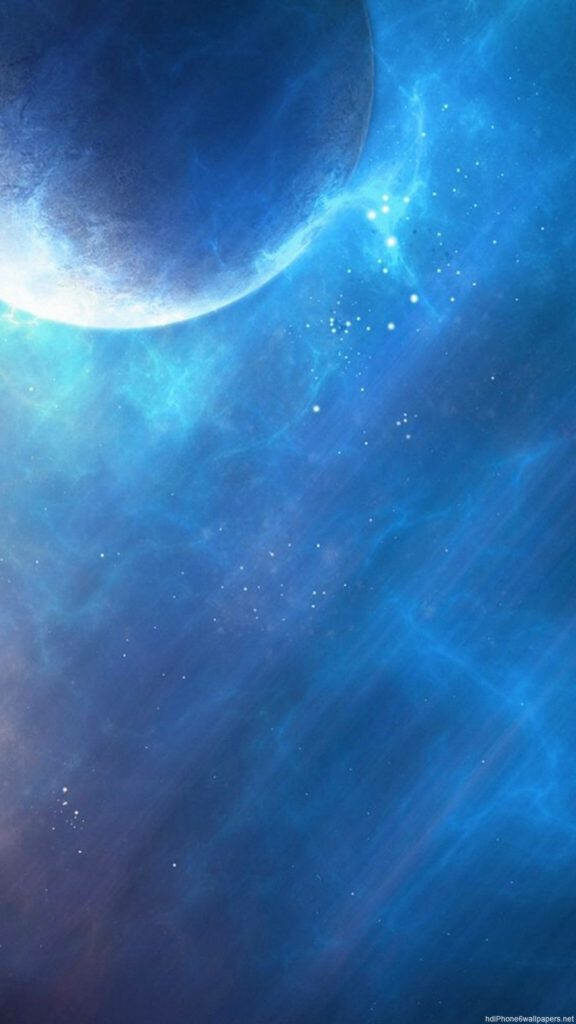 Glowing blue cosmic phone wallpaper with a planet and swirling nebulae in a starry backdrop.