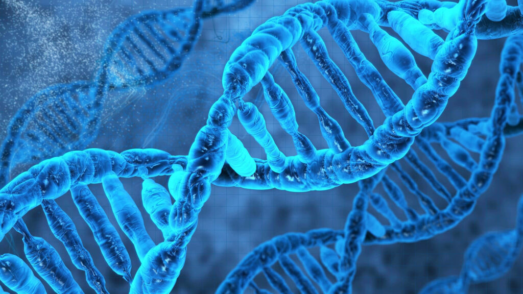 Close-up of vibrant blue DNA double helix strands on a scientific molecular biology background Wallpaper