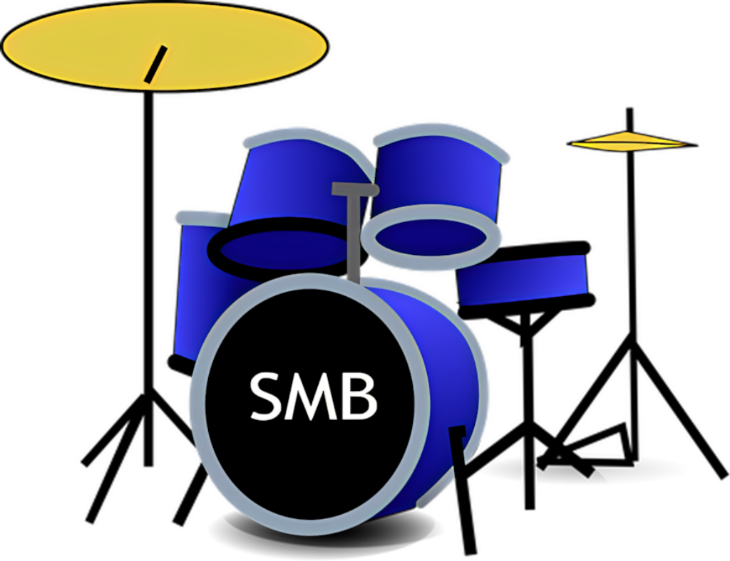 Vibrant Blue Drum Set Wallpaper with Yellow Cymbals & SMB Detail