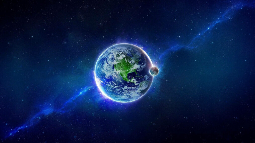 Vibrant blue Earth HD space wallpaper surrounded by a serene cosmos, glowing details, perfect for desktop backgrounds.