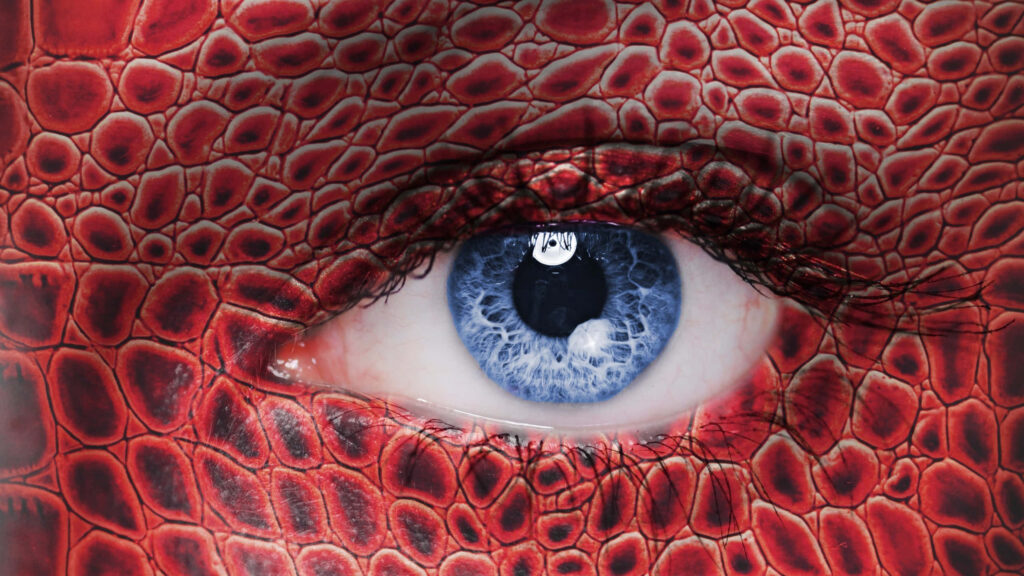 Closeup vibrant blue eye on detailed red dragon skin texture fantasy wallpaper background