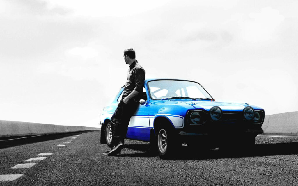 Stylish Ford Escort Wallpaper: Vibrant Blue Racing Stripes Background
