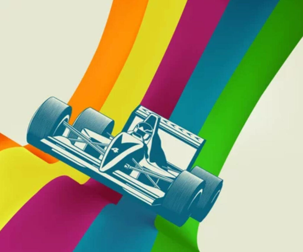Vibrant blue Formula 1 car racing with bold rainbow streaks dynamic 4K wallpaper background