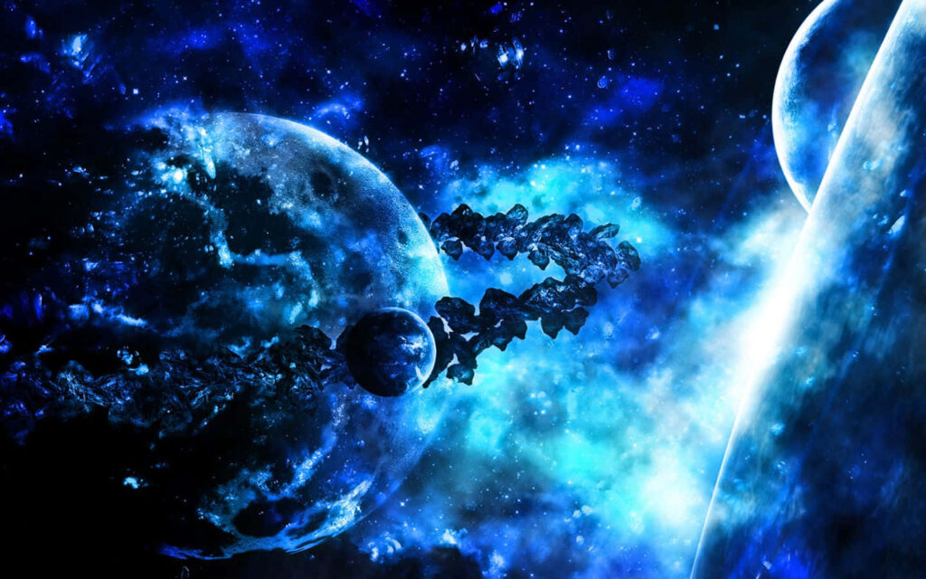 Vibrant blue galaxy with illuminated planets and an asteroid belt, perfect for cosmic wallpaper.