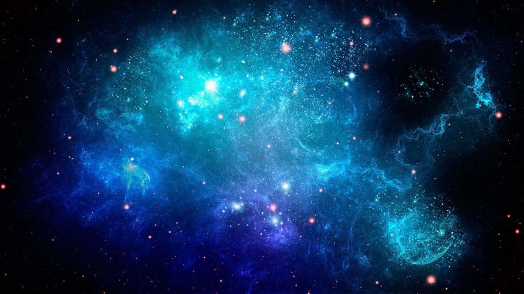 Vibrant blue green nebula with bright star clusters and glowing stardust in space wallpaper