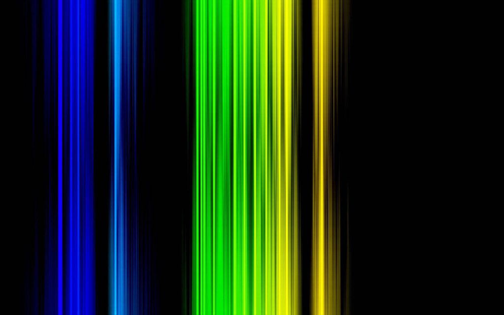 Minimalist abstract wallpaper with glowing vertical blue green yellow lines on black background