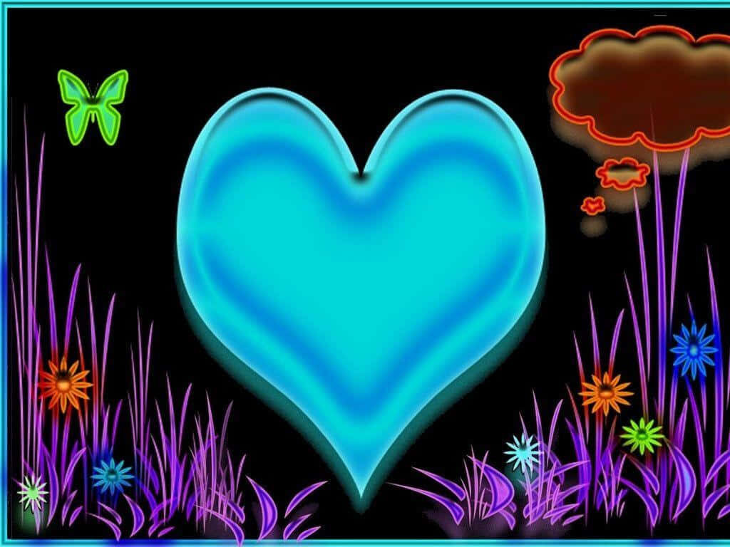 Vibrant Heart-Shaped Wallpaper with Neon Flowers & Butterfly Design