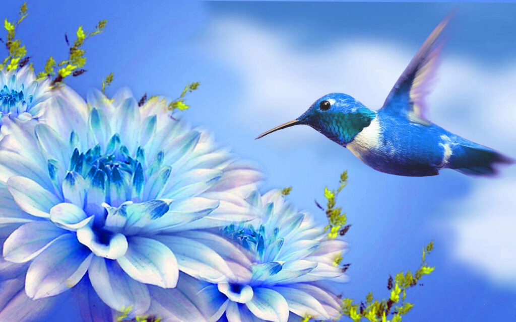 Vibrant Blue Hummingbird and Flower Digital Art Wallpaper