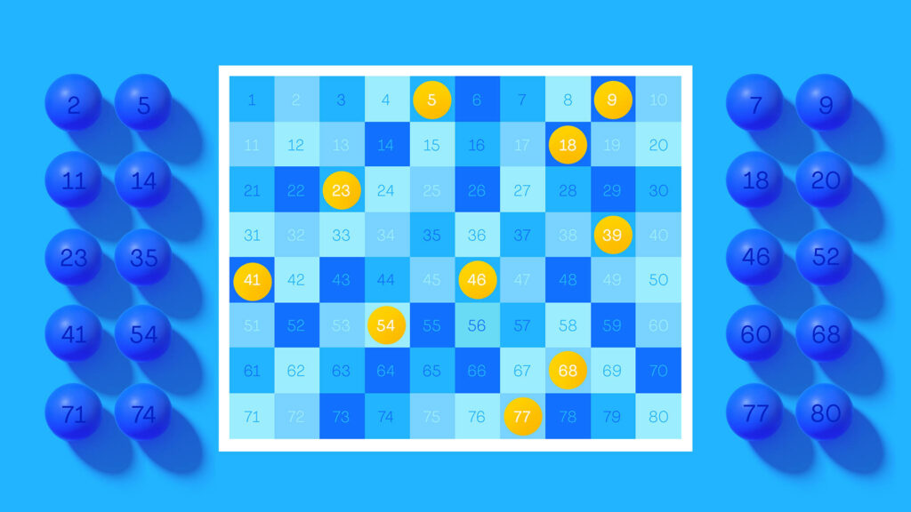 Vibrant blue Keno ticket wallpaper with numbered balls and highlighted winning numbers in yellow