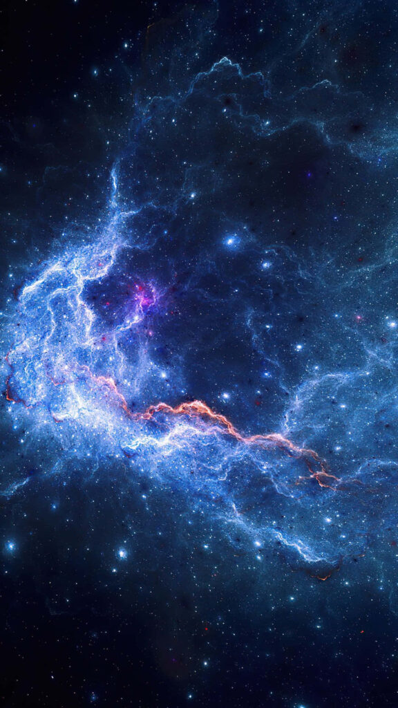Vibrant cosmic Android wallpaper with blue nebulae and glowing stars in swirling clouds.