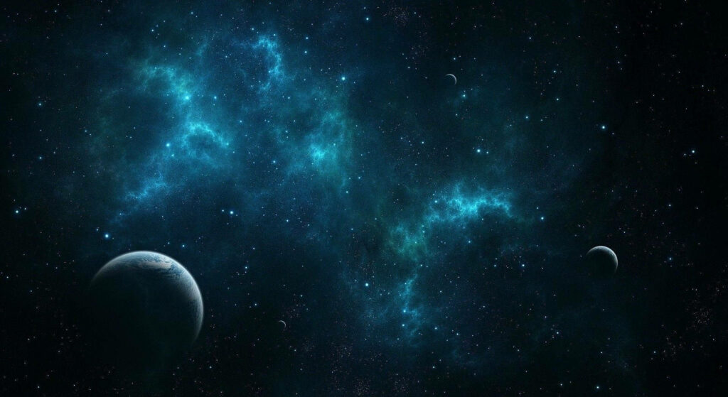 HD space wallpaper featuring vibrant blue nebulae, glowing stars, and distant planets against a dark cosmic backdrop.