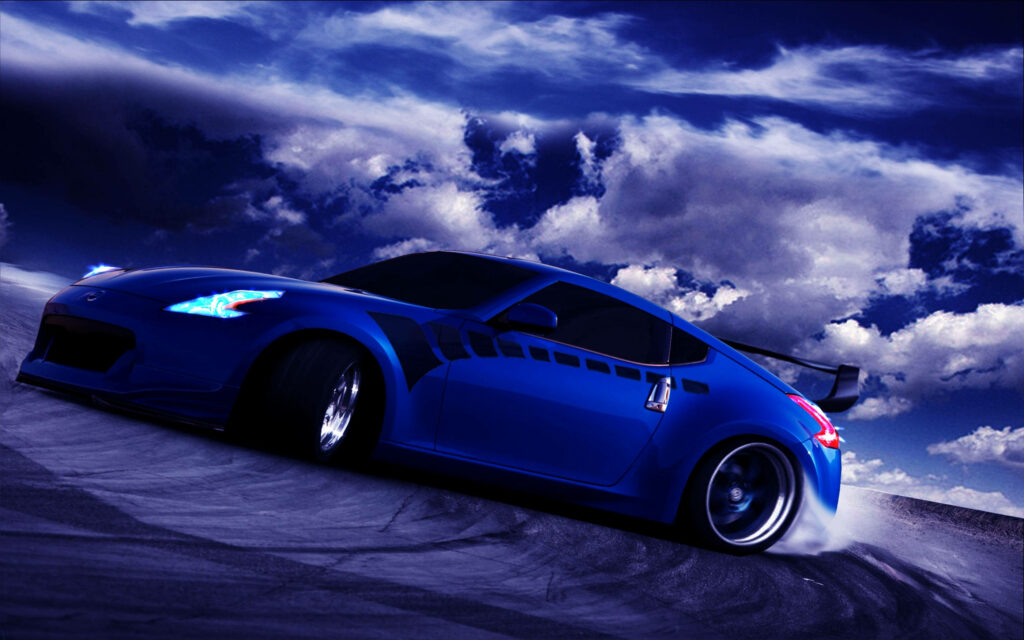 Vibrant Blue Nissan 370Z Racing Wallpaper with Dramatic Sky