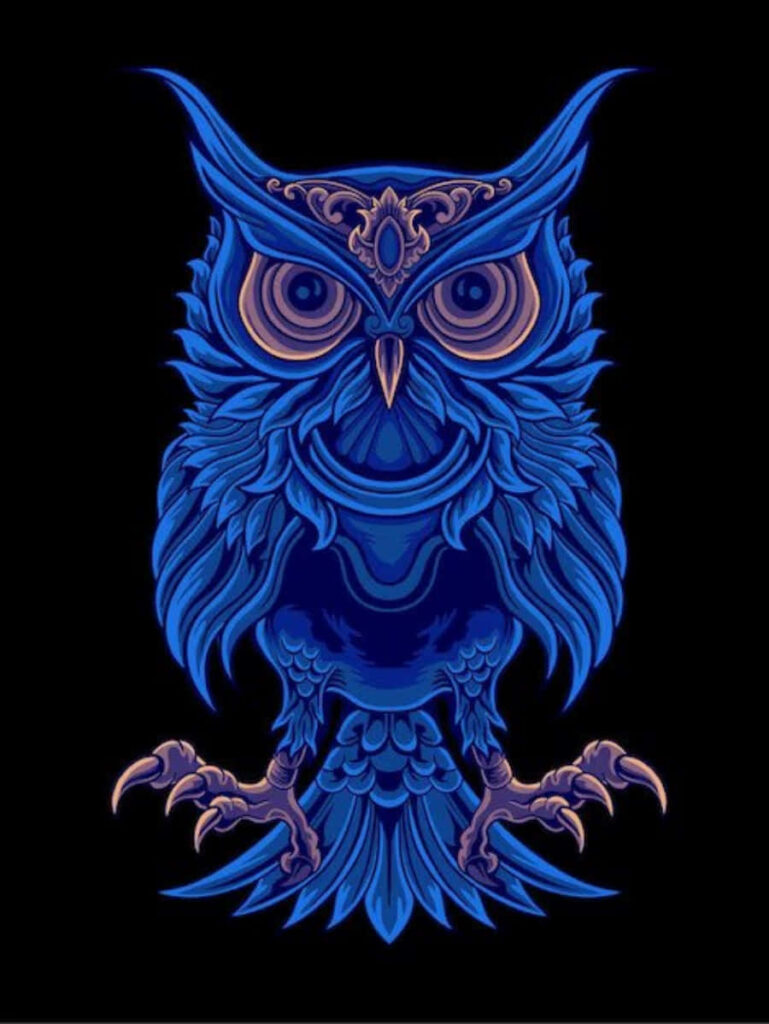 Vibrant Blue Owl Wallpaper: Intricate Design on Dark Background