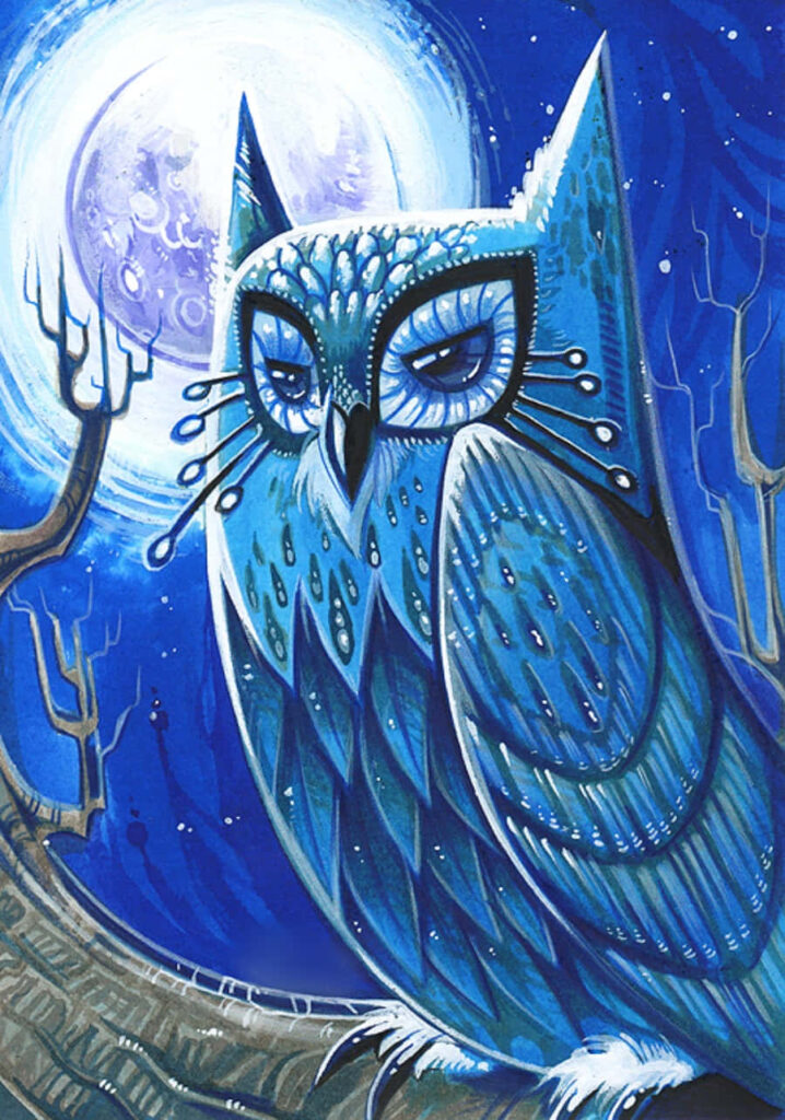 Enchanting Blue Owl Wallpaper Against Luminescent Moonlit Sky