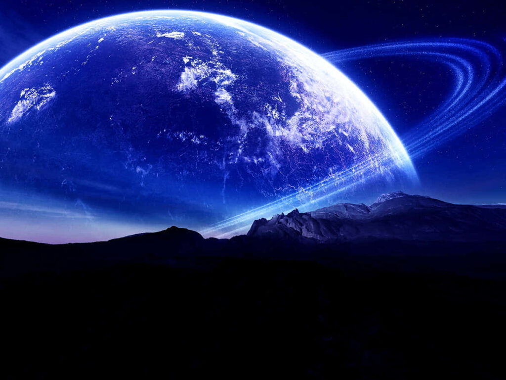 Vibrant blue planet with glowing rings, set in a starry cosmic wallpaper background.