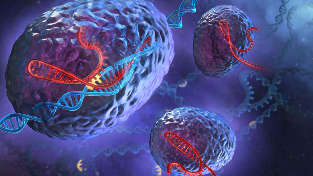 Vibrant blue and purple 3D DNA double helix wallpaper with detailed molecular and cell structures