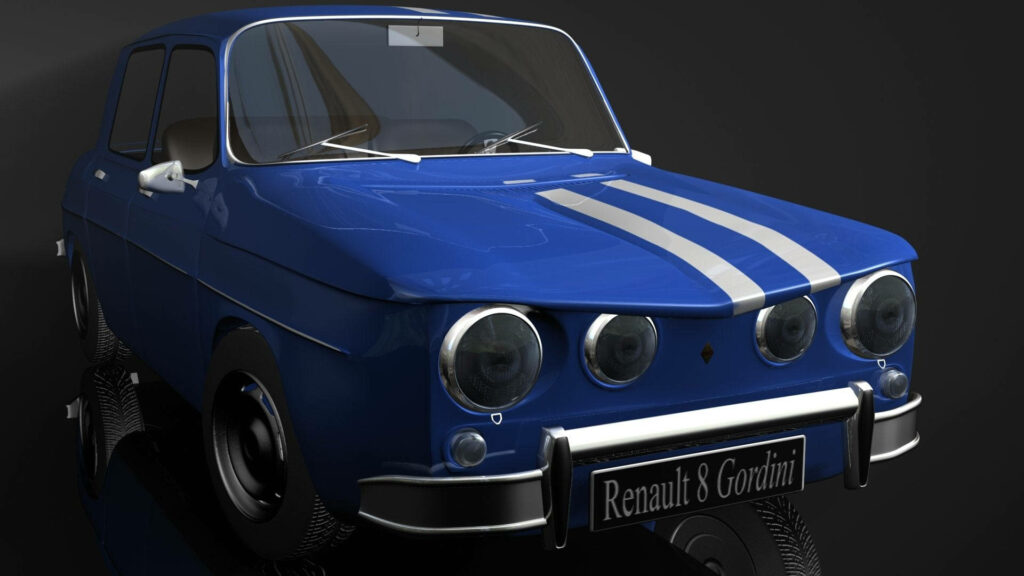 Vibrant blue Renault 8 Gordini 3D car with white racing stripes on sleek dark background wallpaper