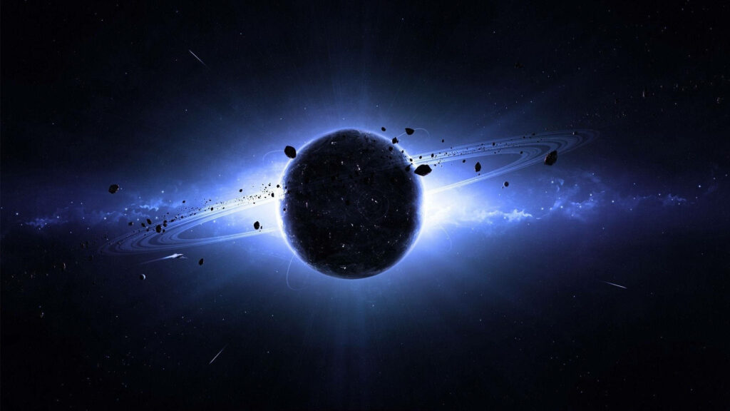 HD wallpaper of Saturn glowing blue, surrounded by rings, stars, and cosmic clouds for a stunning space backdrop.