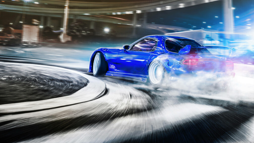 Blue sports car drifting fast on city street at night with smoke trails dynamic racing wallpaper