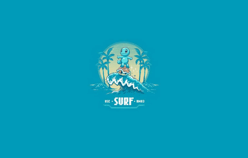 Vibrant Surf Wallpaper: Cartoon Surfer & Tropical Palm Design