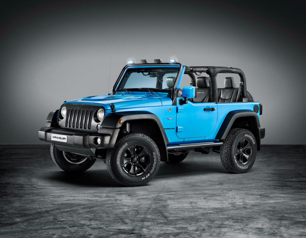 Vibrant blue Mahindra Thar 4K wallpaper showcasing rugged off-road SUV in studio setting
