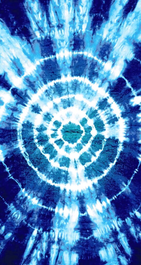 Vibrant blue and white tie-dye wallpaper with concentric circles inspired by classic shibori textiles