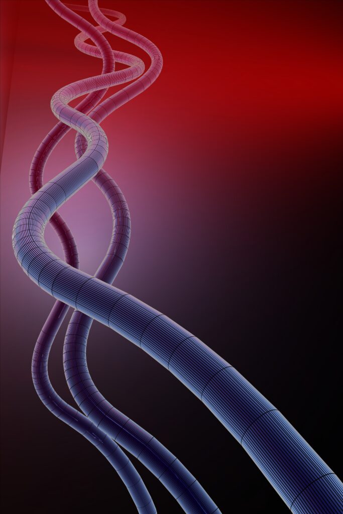 Vibrant Blue Tube Wallpaper: Dynamic Wavy Design on Red Gradient