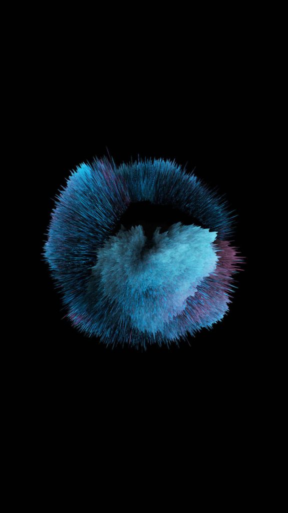 Abstract spiky circular explosion in vibrant blue and violet on black AMOLED wallpaper background
