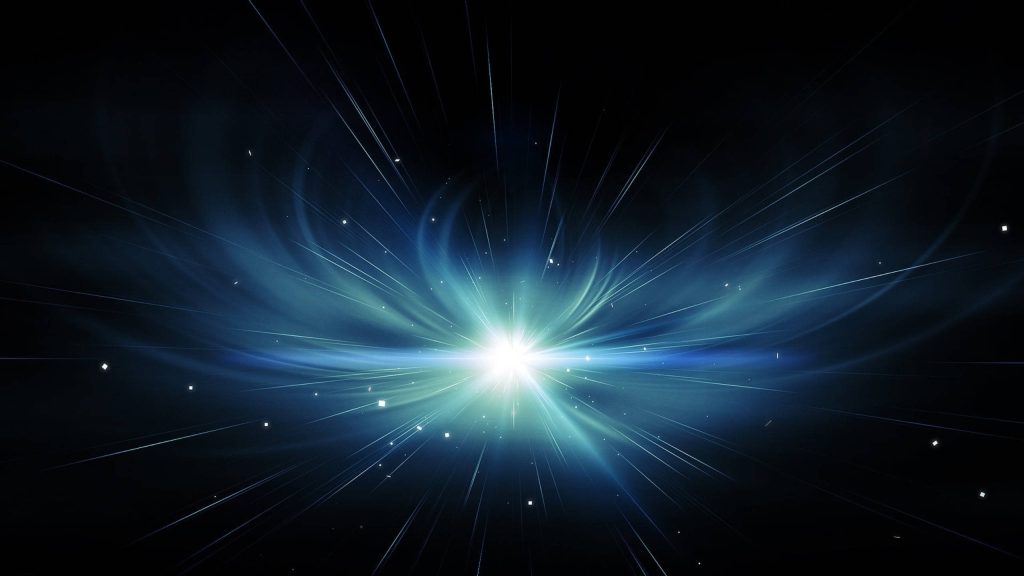 Vibrant abstract digital art with white blue light burst on sleek black cosmic energy background Wallpaper