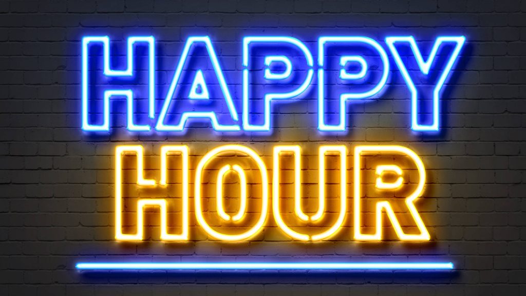Vibrant blue and yellow Happy Hour neon sign on dark textured brick wall wallpaper background