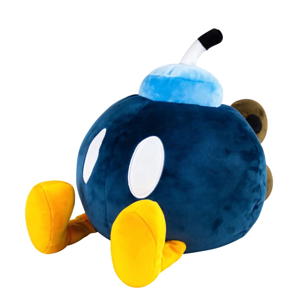 Explosive Bob-omb plush wallpaper with vibrant blue and yellow colors classic game character