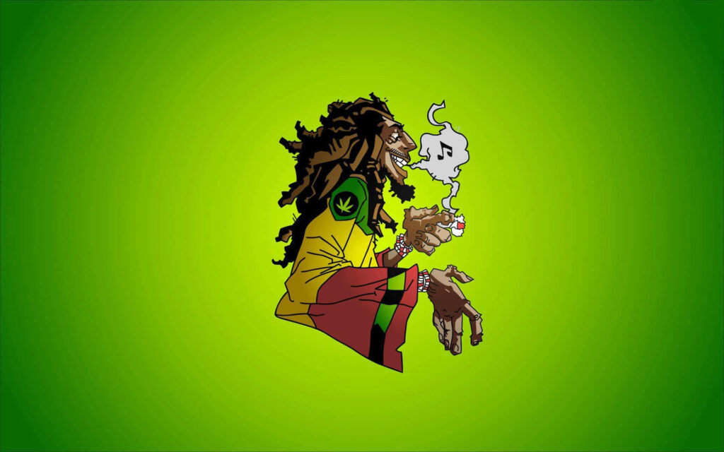 Colorful cartoon of Bob Marley smoking joint with bright green background reggae vibe wallpaper