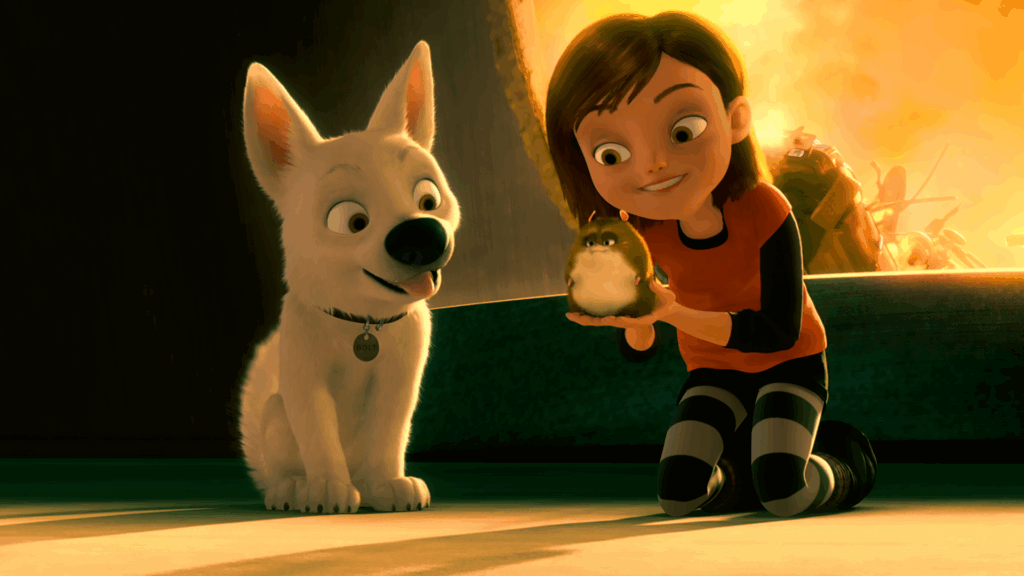 Vibrant Bolt wallpaper with heroic white dog Bolt Penny bright action background animated style