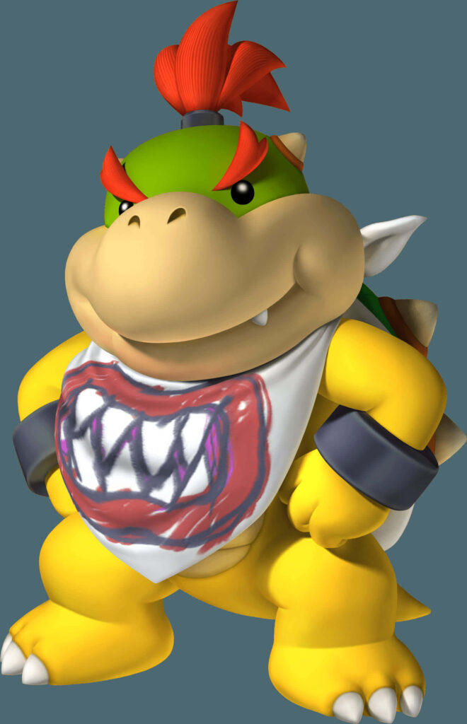 Mischievous Bowser Jr in vibrant wallpaper with spiked hair bandana bold colors Super Mario fan art