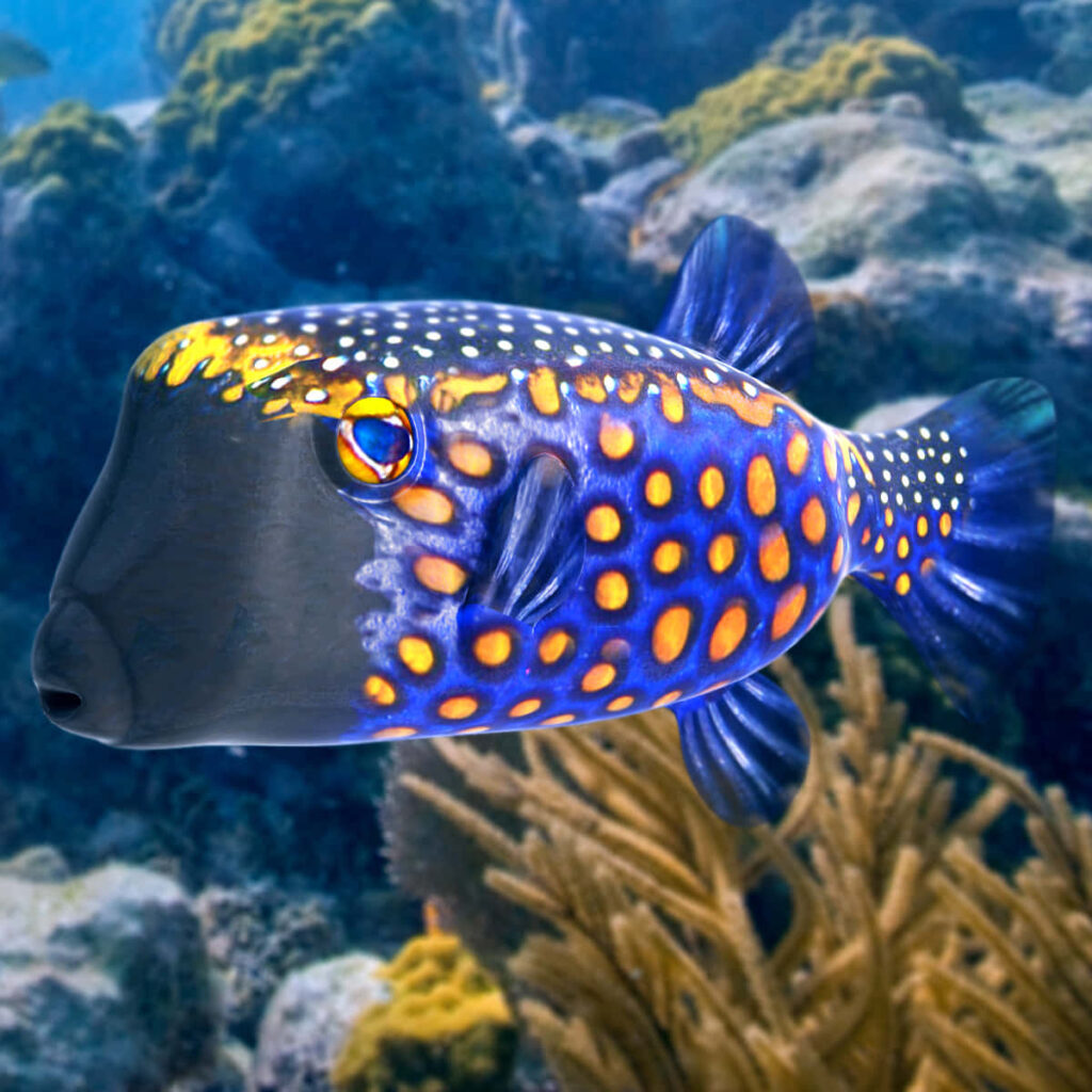 Brightly colored boxfish with blue yellow spots swimming in detailed vibrant coral reef background Wallpaper
