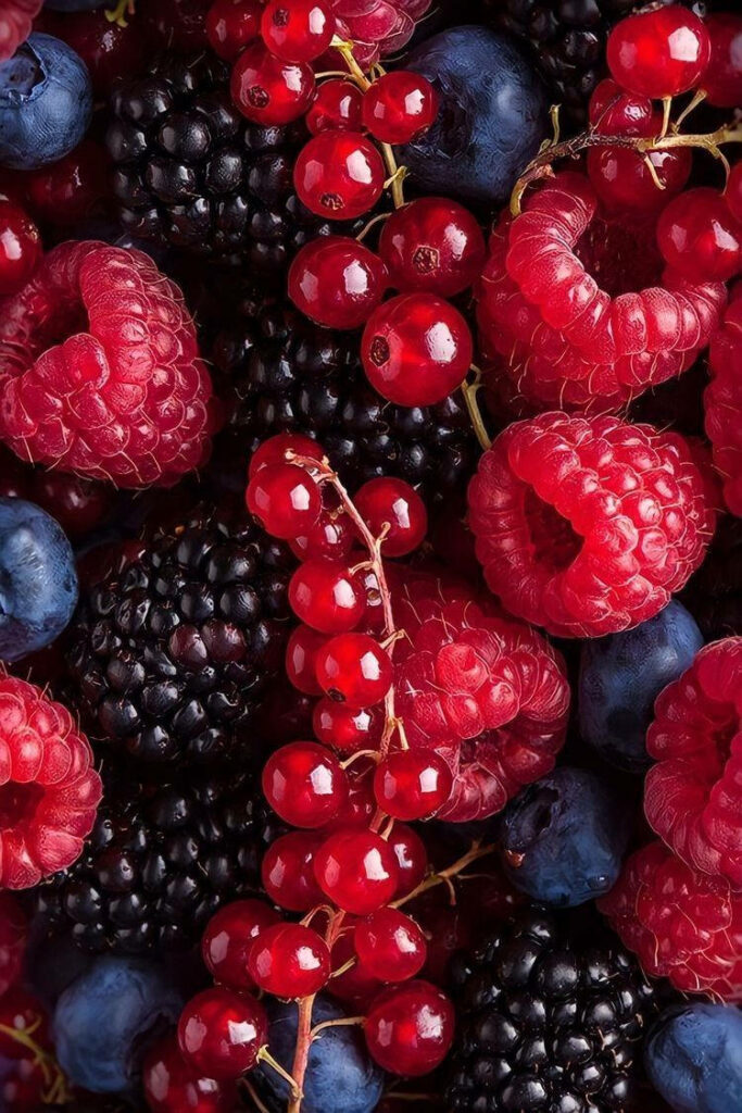 Colorful wallpaper of juicy red raspberries deep purple boysenberries and glossy cherries background
