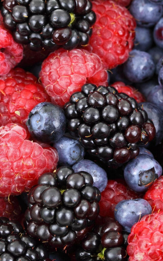 Close-up of vibrant boysenberries raspberries and blueberries showing rich textures and colors Wallpaper