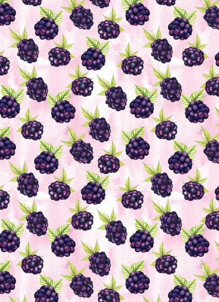 Seamless vibrant boysenberry pattern with green leaves on soft pink watercolor background wallpaper