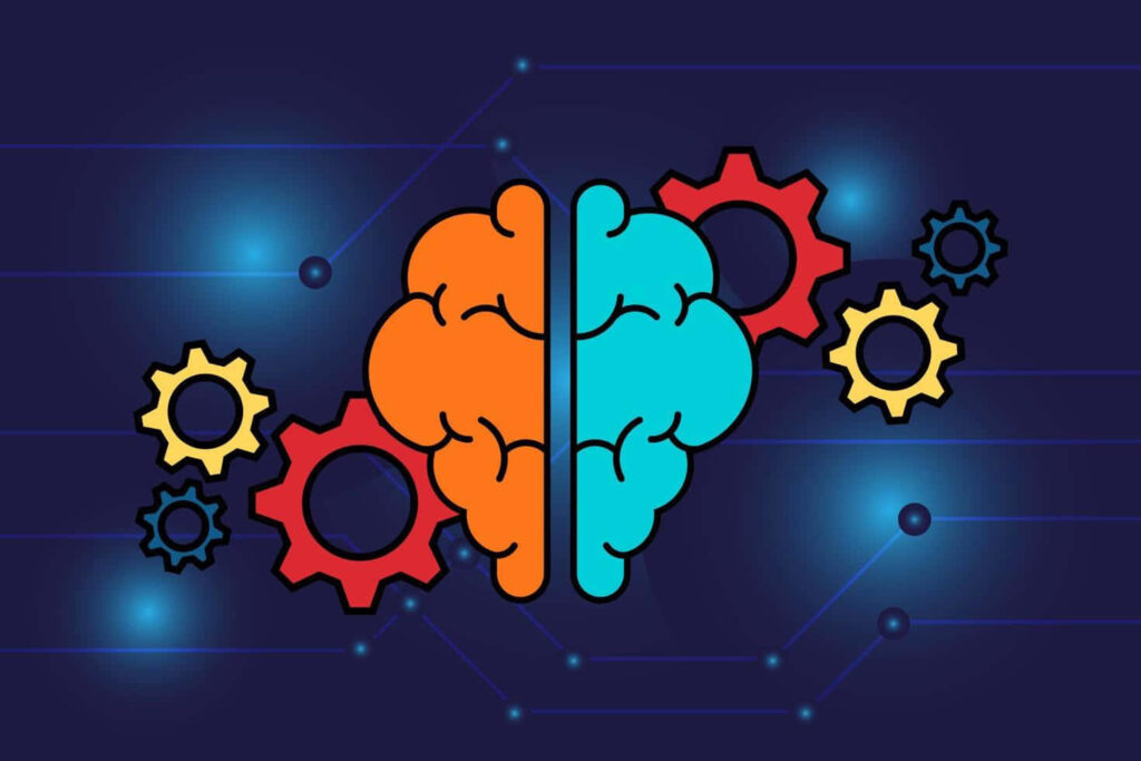 Vibrant Brain Design Wallpaper with Gears on Futuristic Blue Background