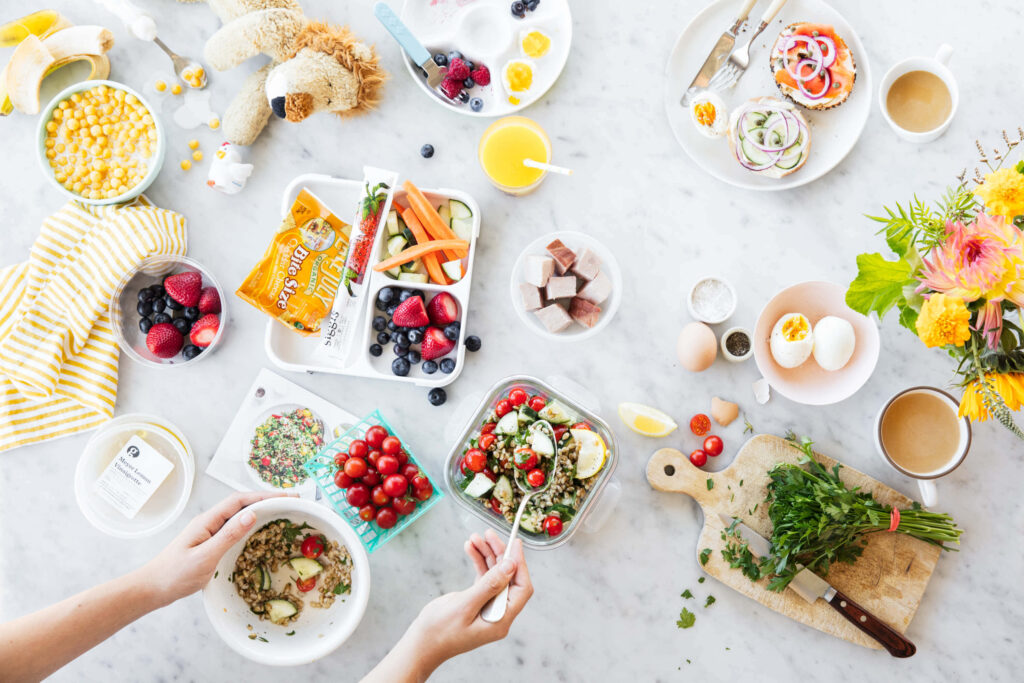 Vibrant Breakfast Spread Wallpaper: Fresh Fruits, Veggies, and Coffee