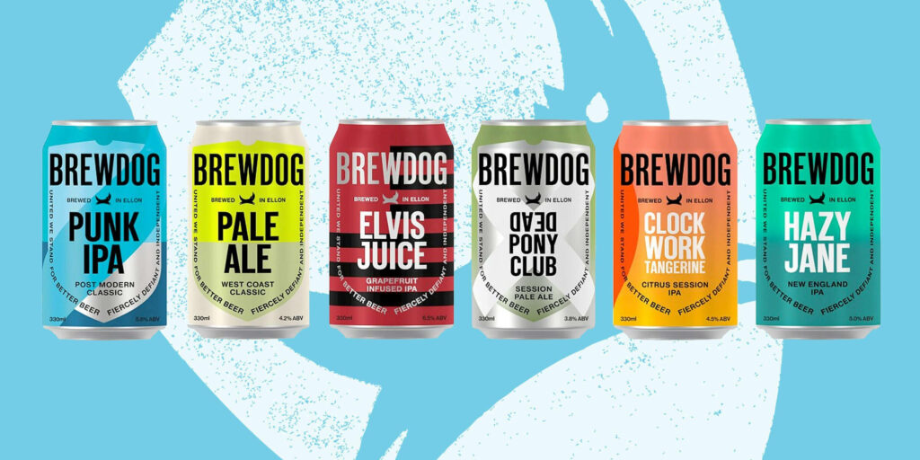 Colorful BrewDog beer cans wallpaper with Punk IPA Pale Ale Elvis Juice and Hazy Jane designs