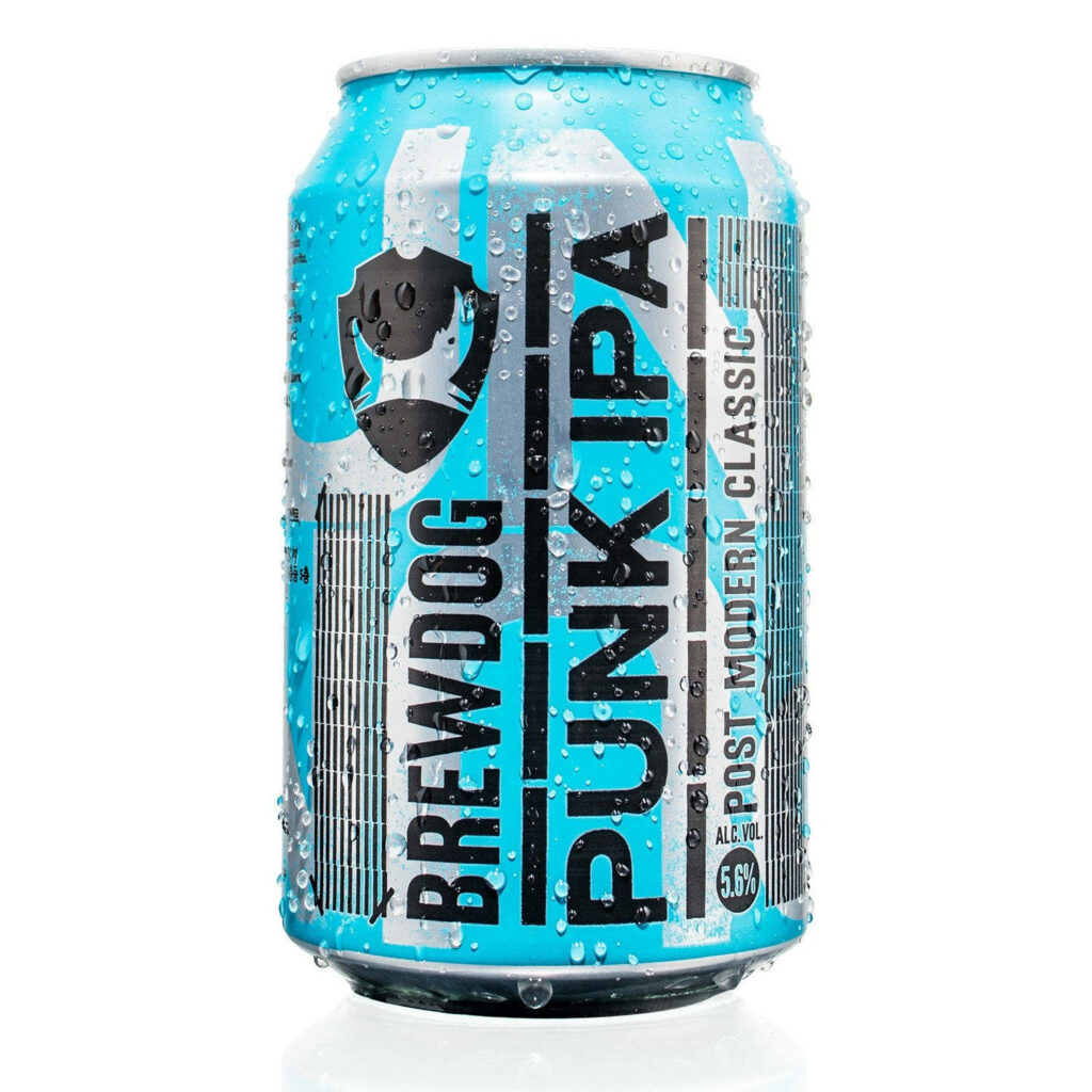 Vibrant BrewDog Cold Punk IPA beer can with turquoise design water droplets on clean background Wallpaper