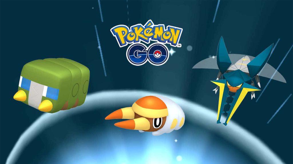 Bug-type Pokémon trio Grubbin Dwebble Vikavolt on dark blue background with light streaks wallpaper