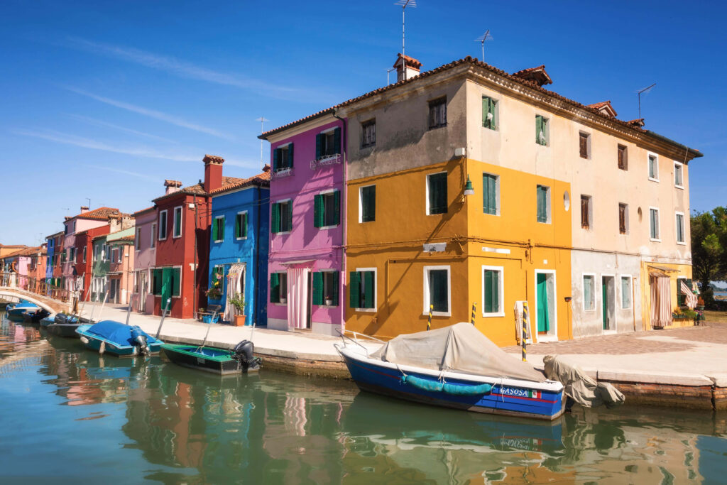 Vibrant Burano Canal Buildings Wallpaper Background - Venice, Italy
