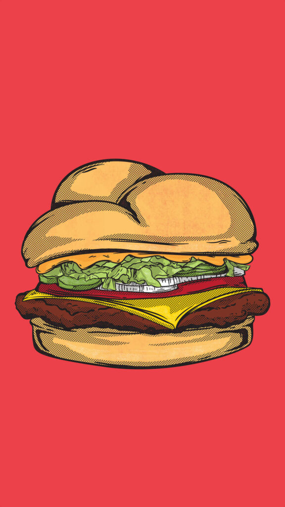 Vibrant Burger Wallpaper: Fresh Ingredients on Bold Red Background