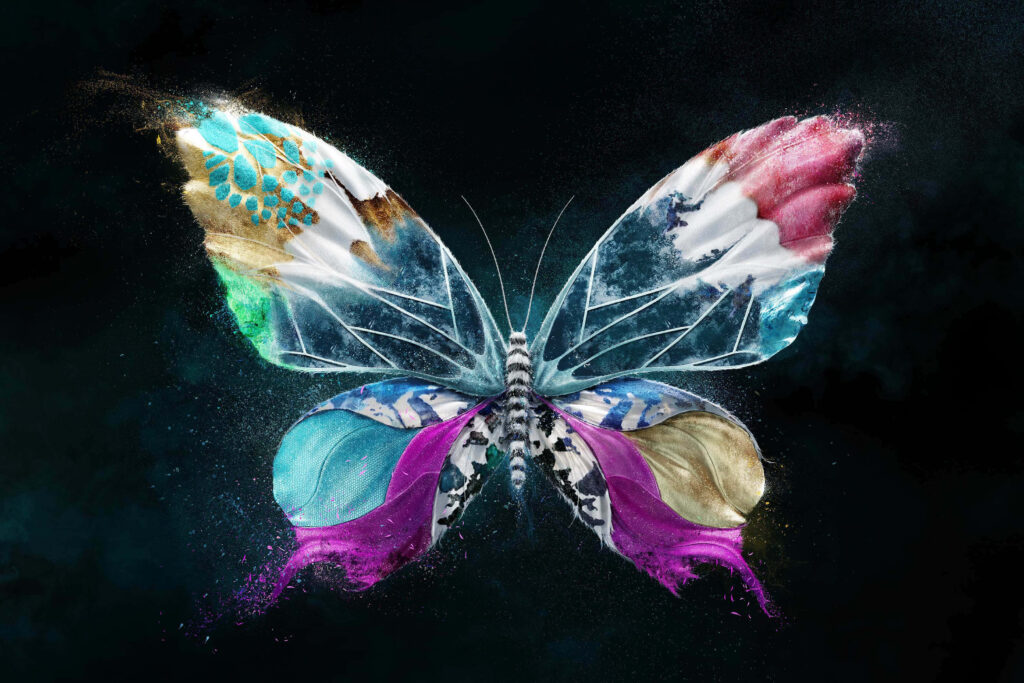 Vibrant Butterfly Artwork: Colorful Patterns on Dark Wallpaper Background