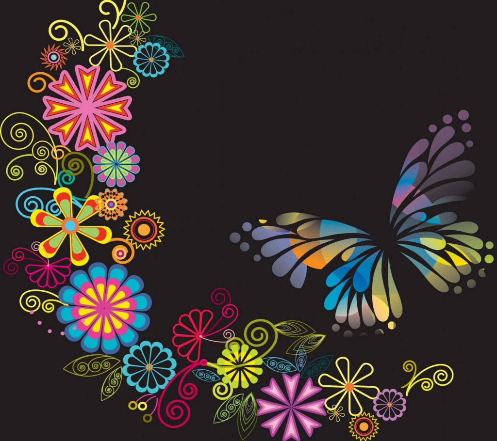 Vibrant Butterfly Wallpaper: Colorful Floral Design on Black Background
