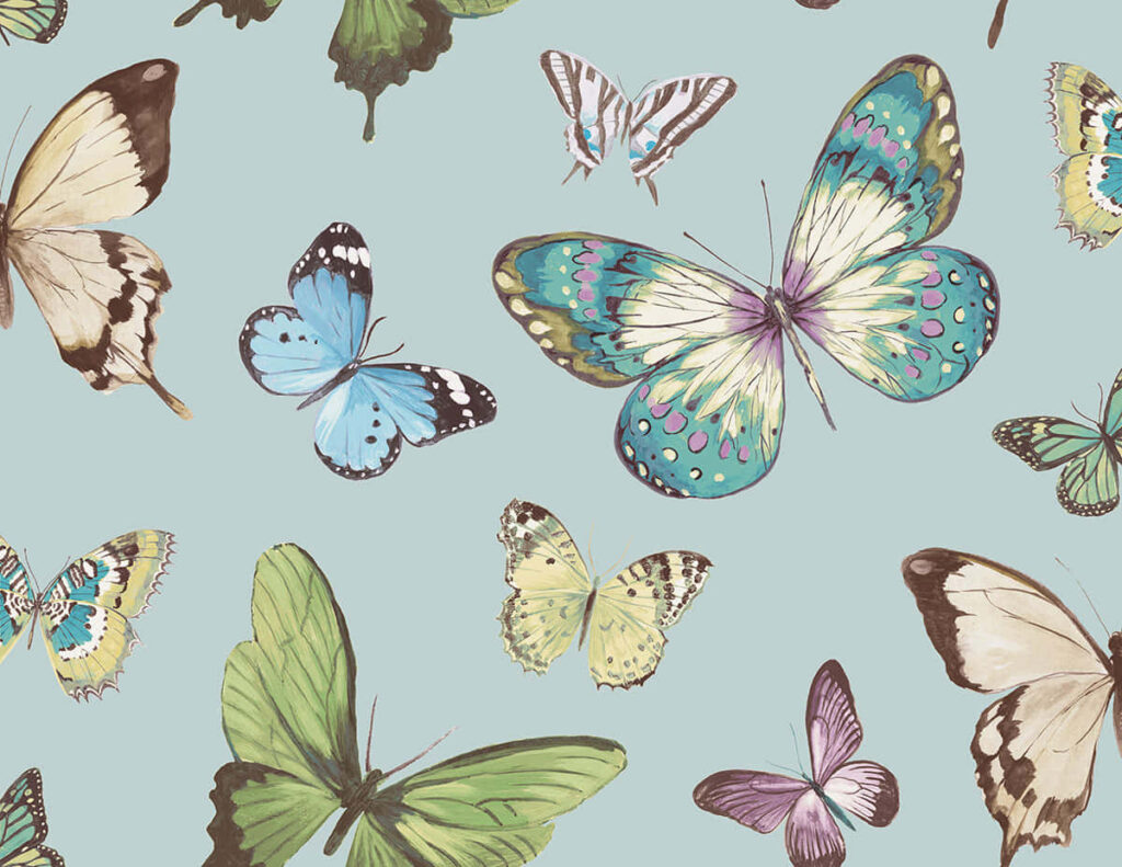 Vibrant Butterfly Wallpaper: Colorful Designs on Calming Blue Background