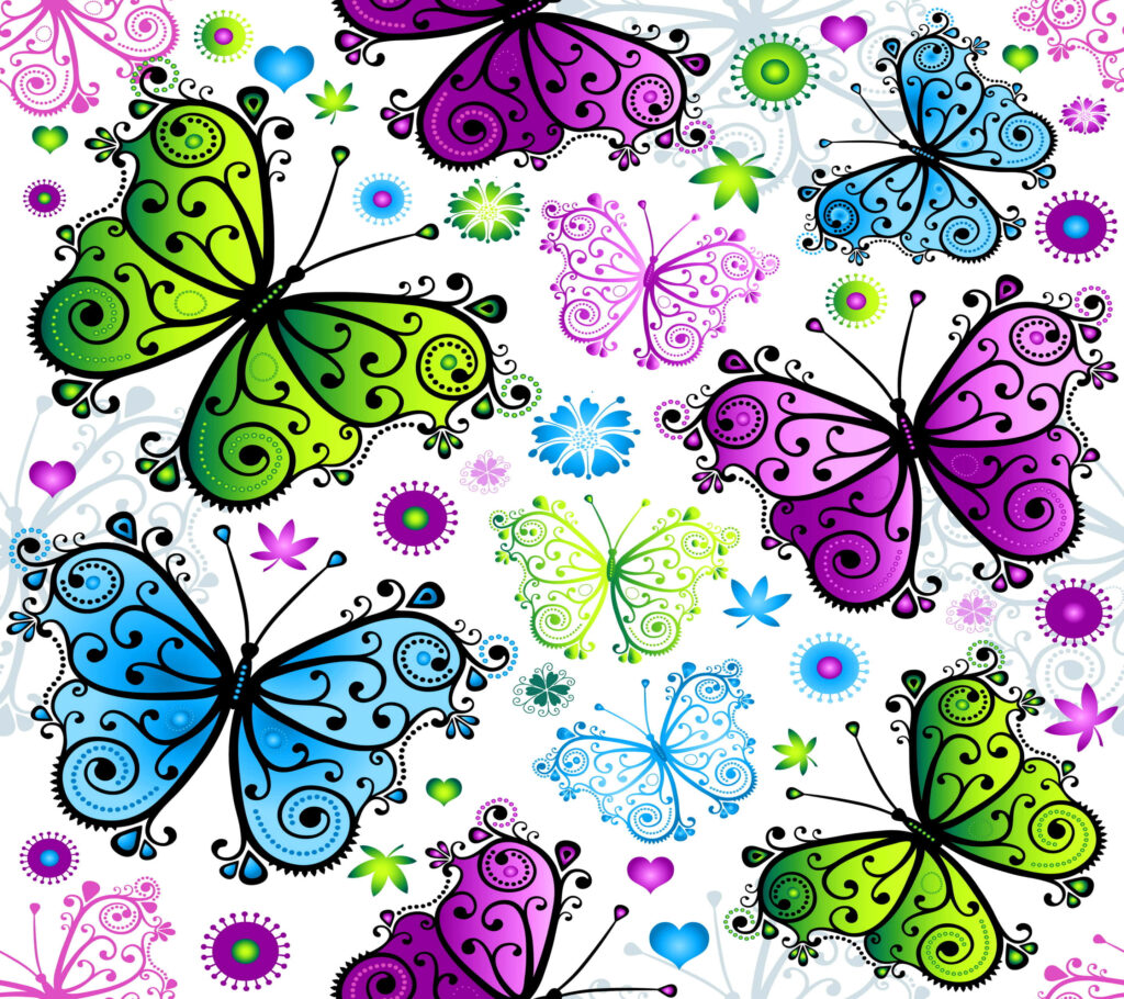 Vibrant Butterfly Wallpaper with Decorative Flowers on White