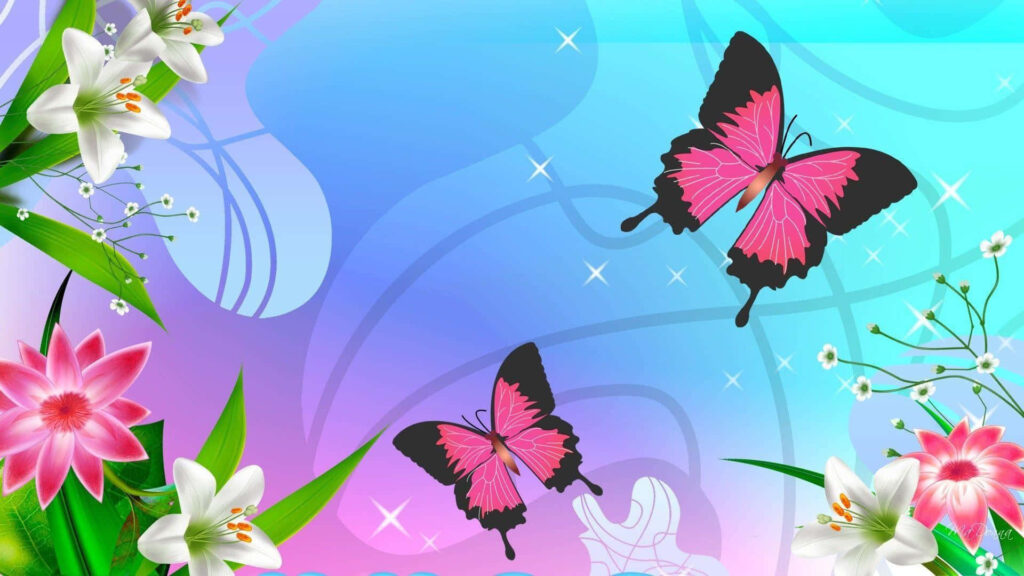 Vibrant Pink & Black Butterfly Wallpaper with Flowers & Gradient